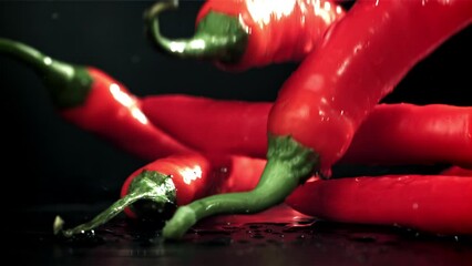 Wall Mural - Chili peppers fall on a wet black table. Filmed on a high-speed camera at 1000 fps. High quality FullHD footage