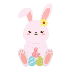 Wall Mural - Cute bunny with Easter eggs on white background