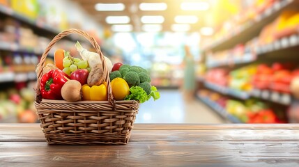 Wall Mural - A basket of food and groceries on a wooden table with a blurred supermarket in the background. Supermarket shopping banner with copy space.