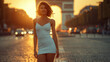 woman walking in the city at sunset, attractive young European woman with short hair ,naturally smiling face wearing a fitted casual white color short slip dress and high heels at Arc de Triomphe 