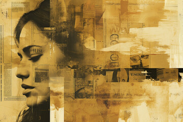 Poster - Art Collage concept: abstract composition of unreadable newspaper text and beautiful woman faces, with sepia yellow tone pattern...