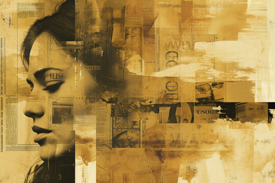 Art Collage concept: abstract composition of unreadable newspaper text and beautiful woman faces, with sepia yellow tone pattern...