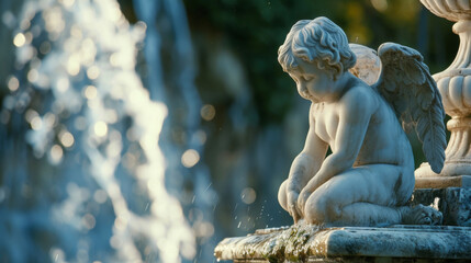Wall Mural - A cherub perched on the edge of a fountain watching the water cascading down with wonder.