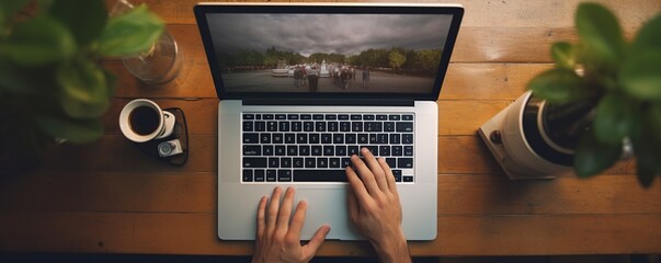 Top view business man hands typing on laptop keyboard, computer searching surfing the information fro business and technology concept
