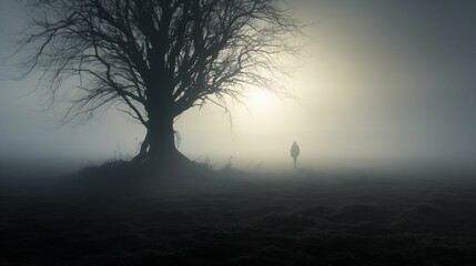 Wall Mural - Image of silhouette of a man in a fog.