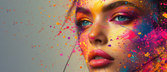 Wall Mural - Banner abstract design,  woman's face covered by colourful painting. Colorful paint explosion splashing model's face on gray background with copy space for text.