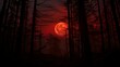 Mystical blood moon rising over a dense forest of trees.