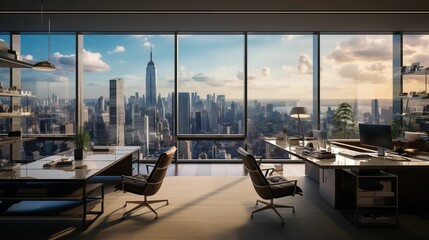 Wall Mural - Office with a panoramic view of the cityscape.