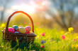Colorful eggs Easter in a basket in spring sunny blooming cherry orchard. generative ai.