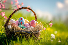 Colorful Eggs Easter In A Basket In Spring Sunny Blooming Cherry Orchard. Generative Ai.