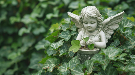 Wall Mural - A nurturing angel surrounded by lush greenery and holding a seedling symbolizing the growth and stability of earth.