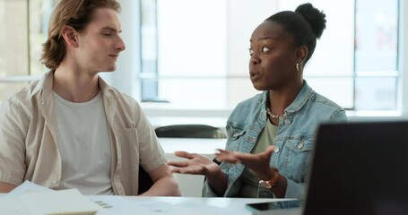 Aufkleber - Conversation, friends and students at desk in university, learning or education. Discussion, man and woman in college at table together, diversity of happy team by laptop and study knowledge in class