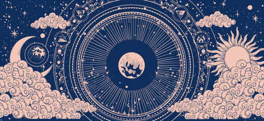 Wall Mural - Mystical heavenly banner with sun and moon, shining planet in outer space, astrology card for zodiac. Vector hand drawn illustration. Universe pattern with stars and clouds.