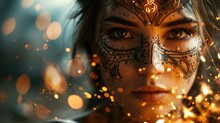 A Closeup Of A Woman With A Serene Expression, Her Face Adorned With Intricate Runes And Symbols, With Sparks Bursting Behind Her.
