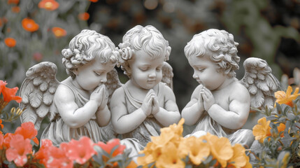 Wall Mural - A trio of child angels tending to a garden of vibrant flowers their heavenly touch causing the blooms to flourish.