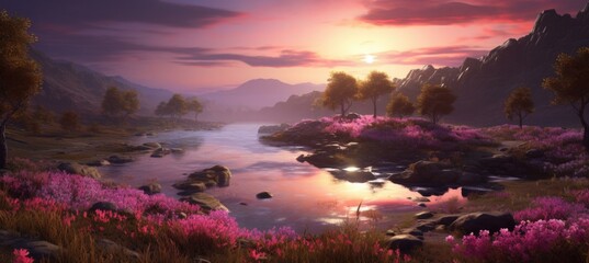 Canvas Print - Beautiful landscape with pink-graded sunset. Generative AI.