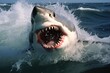 A powerful, fearless great white shark showcasing its impressive jaws wide open in a captivating display of predatory might.