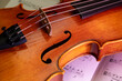 Detailansicht einer Geige mit Noten dahinter, Studioaufnahme, Deutschland