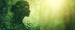 Earth Day banner featuring a profile of a woman against a green forest landscape with copy space, conveying the concept of environment caring for life on the planet.