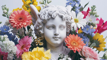 Wall Mural - A cherub with a mischievous grin hiding behind a bouquet of colorful flowers.