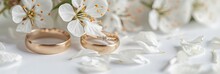 Two Wedding Bands With Flowers For A Marriage Banner On Solid Background With Copy Space 