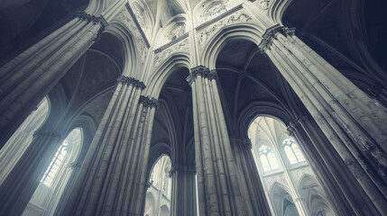 Wall Mural - Carved into the tall stone pillars of a Gothic cathedrals nave angel sentinels seem to hold up the weight of the heavens their wings spread in eternal protection.