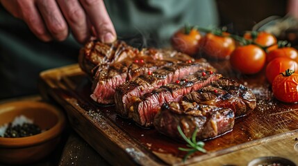 Man holding juicy grilled beef steak with spices on cutting board. Image of food. copy space for text.