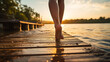 Person Walking Barefoot on a Wooden Dock at Sunset by the Lake. Serenity and Freedom Concept