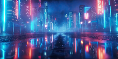 Wall Mural - blue modern city with light reflection from puddles on street. Concept for night life, never sleep business district center ,Cyber punk theme, metaverse. night city