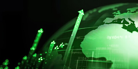 Poster - green stock market graph rising up with digital globe background. global stock market rally or recov