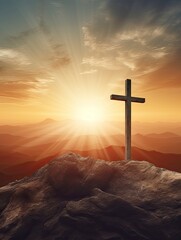 Wall Mural - Easter and Good Friday concept, Empty tombstone with cross on mountain sunrise background, copy space - generative ai