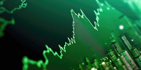 Poster - green stock market graph rising up with digital globe background. global stock market rally or recov