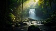 Panoramic view of a waterfall in the rainforest at sunrise