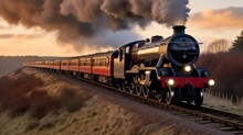 The Powerful Engine Of A Classic Steam Train Belches Smoke As It Pulls A Line Of Passenger Cars Behind It, Evoking The Era Of Luxurious Train Travel.