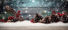Wooden Fence With Cones, Fir Branches And Christmas Tree Toys. Against The Backdrop Of Falling Snow.