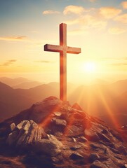 Wall Mural - Easter and Good Friday concept, Empty tombstone with cross on mountain sunrise background, copy space - generative ai