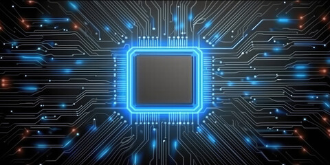 Poster - Abstract blue glowing prosesor circuit board background with copy space at center for your text, logo or products. Perfect for Artificial Intelligence, Technology, Crypto Currency concept