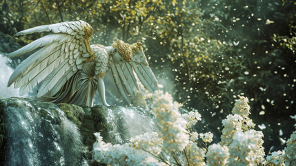 Wall Mural - A goldenwinged guardian perches atop a waterfall her serene expression belying her fierce protection of the Gardens hidden wonders.