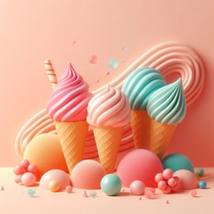 Wall Mural - Colorful delicious ice cream in a cones on peach fuzz trendy 2024 color background. Tasty dessert food concept in minimalism style. Realistic 3D render. Wide screen wallpaper, for design and banners.