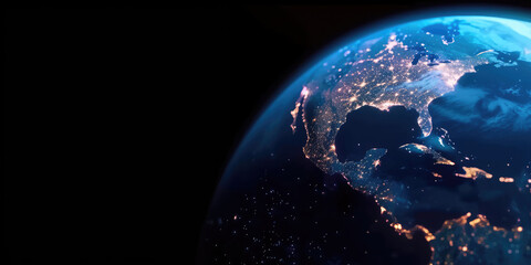 Poster - planet earth on dark background. global network and telecommunication, cryptocurrency, blockchain an
