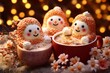 Cup of coffee with marshmallows and cute snowman on bokeh background