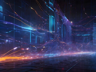 As bits and bytes traverse through the cables, a mesmerizing dance of light unfolds, creating an intricate web of glowing pathways. AI Generated