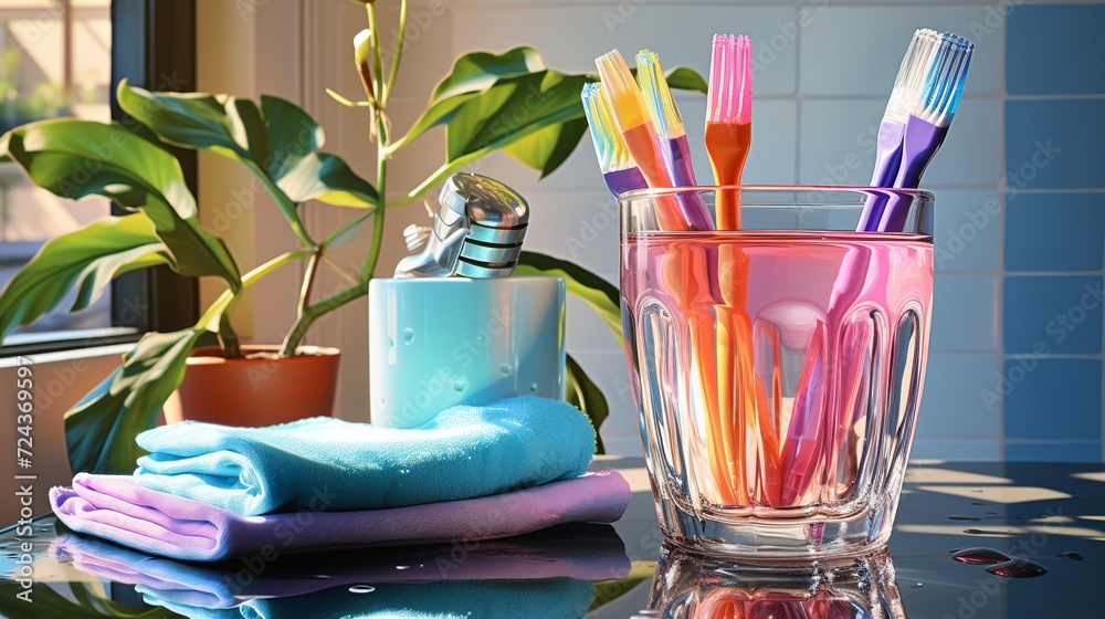 five toothbrushes in a glass cup mouthwash a tube of toothpaste and a ...