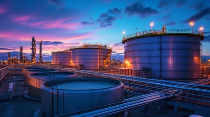 An oil storage tank set against a blue sky with lights