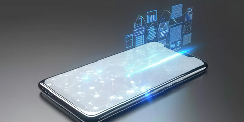 Poster - mobile phone with  hologram glowing led blue color of business information data on high tech glass panel. bussines concept