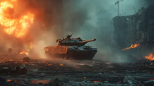 Armored Tank Crosses A Mine Field During War Invasion Epic Scene Of Fire And Some In Destroyed City As Banner With Copyspace Area Telephoto Lens Realistic Lighting. Generative Ai