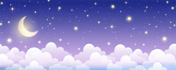 night sky background. starry dark gradient space. crescent moon and clouds dreamy scene. vector cute