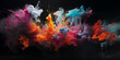 multicolored vivid smoke plumes coalescing together into one big puff; wide background isolated on black