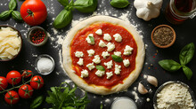  Top View Of Raw Dough, Ingredients And Spices For Pizza Margherita With Tomato Sauce And Mozzarella Cheese On Black Background. Generative Ai