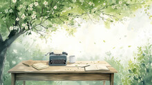 Vintage Typewriter In Blossoming Springtime Setting